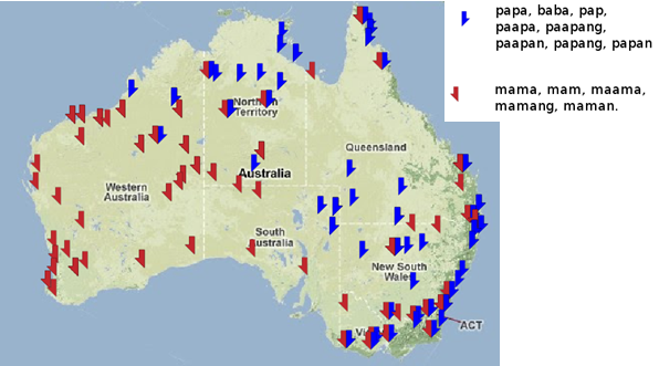 Distribution of mama-like and papa-like words in Australia.