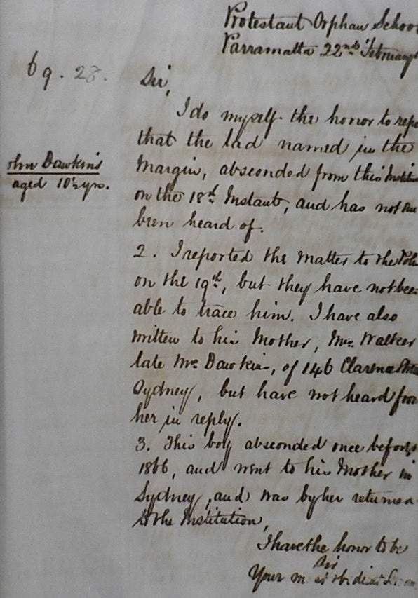 Letter relating to an absconded child - January 1869