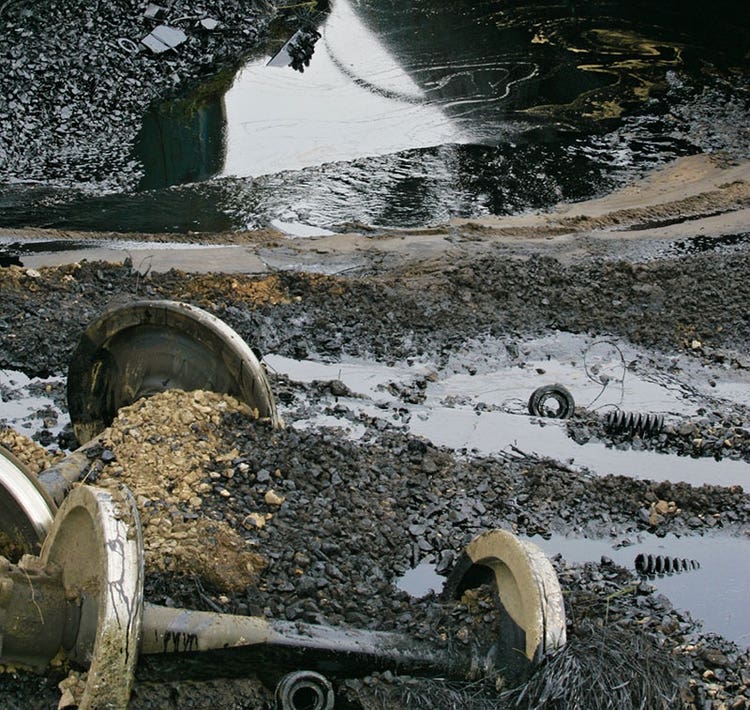 Heavily contaminated soils with extensive oil and industrial pollution