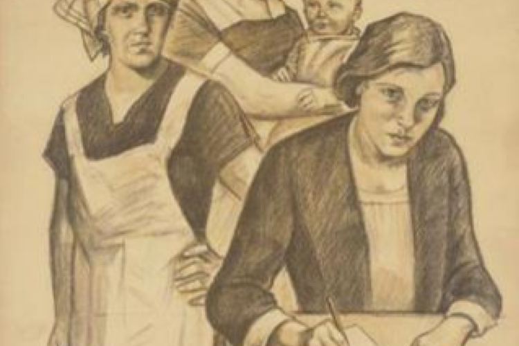 Illustrated women workers and mother with child
