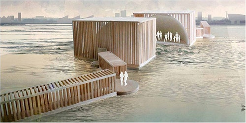 An artist's impression of Nomanslanding - it shows connected rooms and walkways floating on the water with the figures of people inside, and a city in the distance.