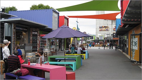 Looking down Cashel Street in Christchurch which now has an outdoor mall with shops in brightly coloured shipping containers.