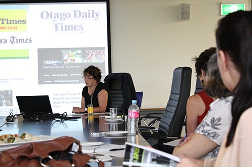 Toni Bruce presenting at the Communication & Sport launch.