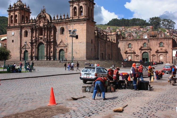 Road repairs in Cusco Peru, construction workers