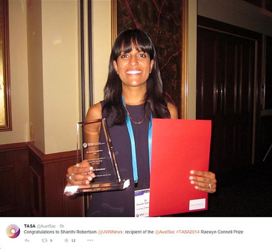 Tweet from TASA showing Dr Shanthi Robertson with her Raewyn Connell prize.