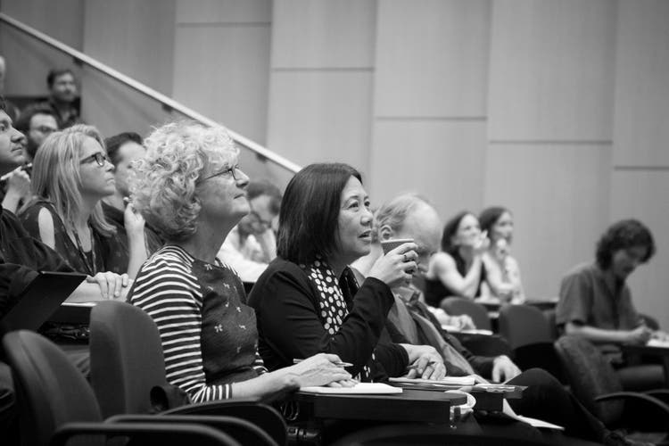Black and white image of event audience