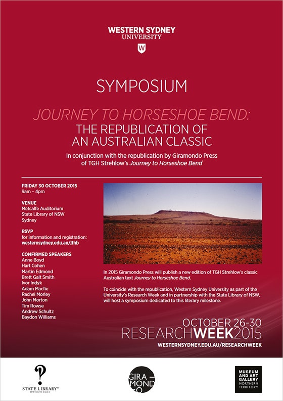 An image of the symposium flyer which has a red background and image of the Australian Outback.