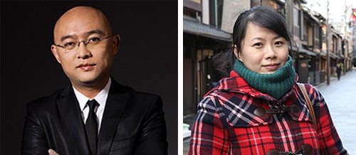 Photo of Meng Fei wearing a black suit and with a black background and photo of Chen Chen wearing a red check coat and green scarf.