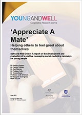 The cover of the 'Appreciate A Mate' report which has a watermarked background of hands holding a mobile which an 'Appreciate A Mate' positive message on it.