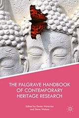 The cover of the Palgrave Handbook of Contemporary Heritage Research. The bottom of the cover is pink with the title and editors printed in white. The top half shows a photo of the face of a statue - a butterfly sits there.