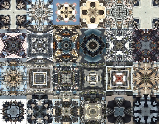 A collection of 24 images which are patterns made from photographs and repeated to form a square shape.