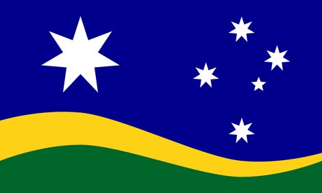The Southern Horizon flag which features at the top a blue wave of colour with 6 white stars (one large on the left and 5 smaller on the right). Below the blue which takes up around 3/4 of the height, is a wave of yellow and below this, a wave of green.