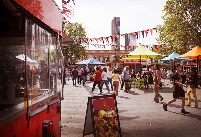 Photo of Parramatta Town Hall and food truck.