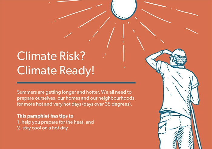 Cover of pamphlet with illustration of man looking towards the sun sheltering his face. This pamphlet has tips to 1. help you prepare for the heat, and 2. stay cool on a hot day.