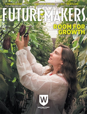 The Future-Makers 4 cover showing a woman measuring eggplant in a greenhouse.
