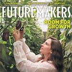 A section of the Future-Makers 4 cover showing a woman measuring eggplant in a greenhouse