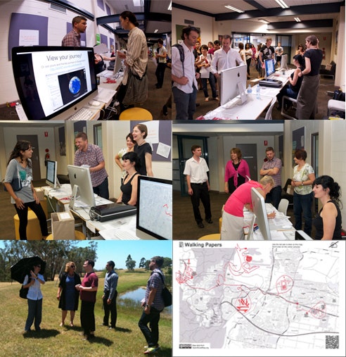 Six photos showing the tranport mapping stand, researchers in the field and a walking route map.
