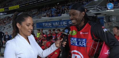 Mel McLaughlin interviews Chris Gayle mid-cricket game.