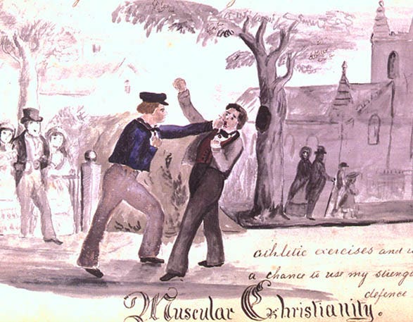 Animation of two men engaged in a fist fight