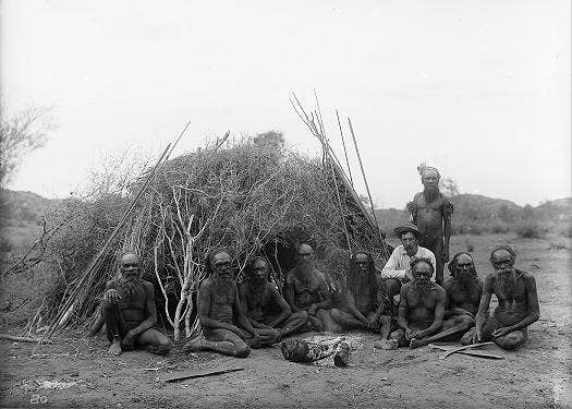 Baldwin Spencer seated with the Arrernte elders, Alice Springs, Central Australia, 1896