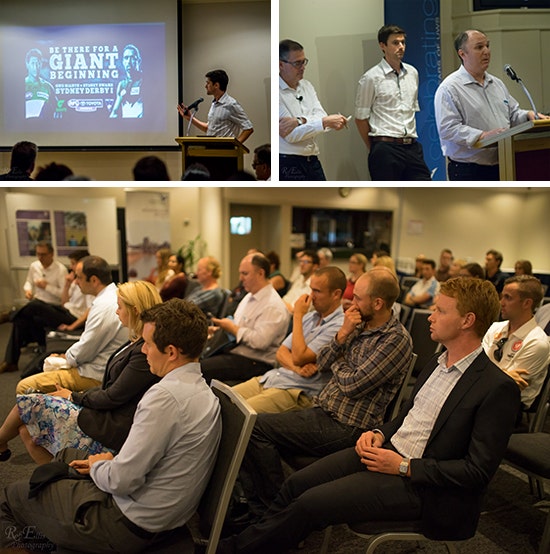 Three photos from This Sporting Life: Keith Parry presenting, Jorge Knijnik presenting with David and Keith in the background, and the audience watching the presentations.