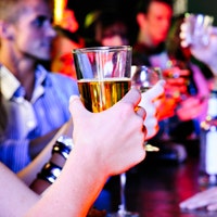 A group of people at a bar - one is raising their drink for a toast.