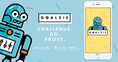 An illustration of a blue robot on a blue background with the words Goalzie. Challenge. Do. Prove. and the logos of the Young and Well CRC and Australian Government. A white mobile phone has the Goalzie robot on its screen.