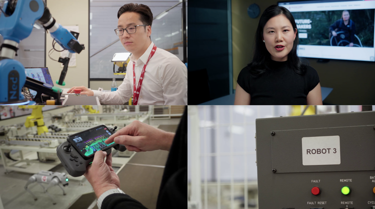 Four-panel image showing a researcher Dr Jun Wang working with a robotic arm, Associate Professor Wenchi Shou, a handheld robot control device, and automated robotic equipment.
