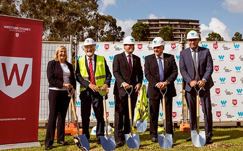 Turning the first sod of the Bankstown City campus. Pictured: (L-R) Western Sydney University Deputy Chancellor and Western Sydney District Commissioner, Greater Sydney Commission, Liz Dibbs; Chancellor, Professor Peter Shergold AC; Minister for Jobs, Investment, Tourism and Western Sydney, The Hon Stuart Ayres MP; Walker Corporation Executive Chairman, Lang Walker AO; City of Canterbury Bankstown Mayor Khal Asfour.