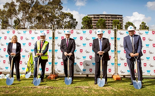 Turning the first sod of the Bankstown City campus. Pictured: (L-R) Western Sydney University Deputy Chancellor and Western Sydney District Commissioner, Greater Sydney Commission, Liz Dibbs; Chancellor, Professor Peter Shergold AC; Minister for Jobs, Investment, Tourism and Western Sydney, The Hon Stuart Ayres MP; Walker Corporation Executive Chairman, Lang Walker AO; City of Canterbury Bankstown Mayor Khal Asfour.