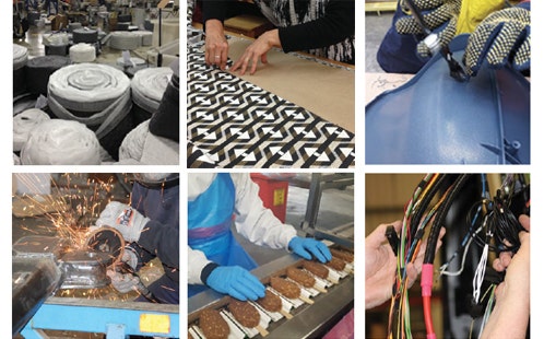 6 images of manufacturing products including electronics, food and furniture.