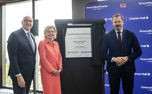 L to R: Vice-Chancellor and President, Professor Barney Glover AO, Western Sydney University, Ms Carmel Hourigan, Office CEO, Charter Hall and The Hon. Ed Husic MP, Federal Minister for Industry and Science - Photo Credit: Sally Tstoutas