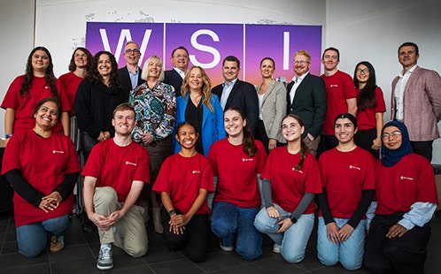 Nicole Shepherd, Executive Manager, Brand & Marketing, WSI; Tom McCormack, Chief Technology Officer, WSI; Kirby Grattan, Chief People Officer, WSI; Steven Van Der Donk, Chief Legal Officer, WSI; Giovanna Romeo, Executive Manager Organisation Capability, WSI; Max Wilson, General Manager Commercial Property, WSI; Eva Atkins, Community Engagement & Social Impact Manager, WSI; Corey Stewart, Manager Emerging Technologies, WSI; Oggie Bosnjak, Employment Pathways Specialist, WSI, with student learners.
