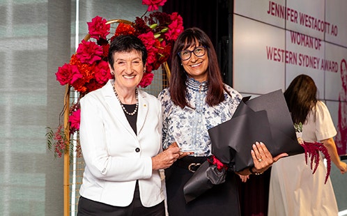 WoWS Awards 2025 - Jennifer Westacott AO with Lindy Deitz Jennifer Westacott AO Woman of Western Sydney Award winner