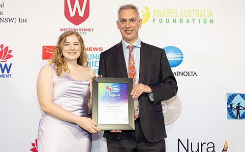 Western Sydney University Academic Achievement Award - Finalist - Claudia Robinson with Professor Brian Stout, Pro Vice-Chancellor Learning and Teaching.
