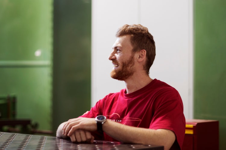Engineering student Antoni Stankoski (Solar Car) in the Solar Car workshop, Penrith