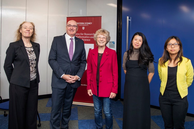 from left: Associate professor Leanne Rylands, Vice Chancellor Barney Glover, speakers: Cheryl Praeger, Susan Wei, Natalie Thamwattana