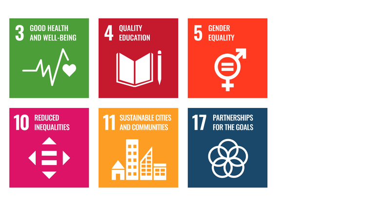 Sustainable Development Goals 3 - Good Health and Well Being, 4 - Quality Education, 5 - Gender Equality, 10 - Reduced Inequalities, 11 - Sustainable Cities and Communities and 17 - Partnerships for the goals.