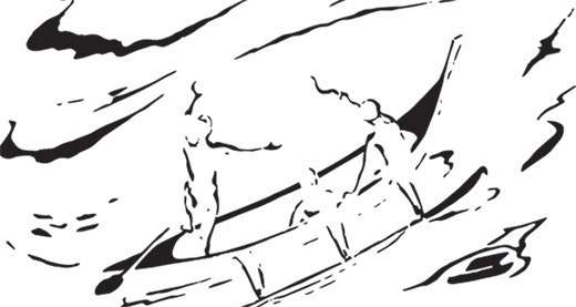 Illustration of figures in a boat on a large wave