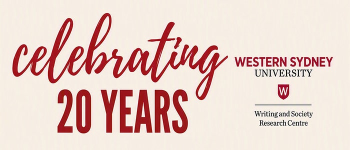 the word 'celebrating' in italics and 20 years. and the Writing and Society Research Centre logo