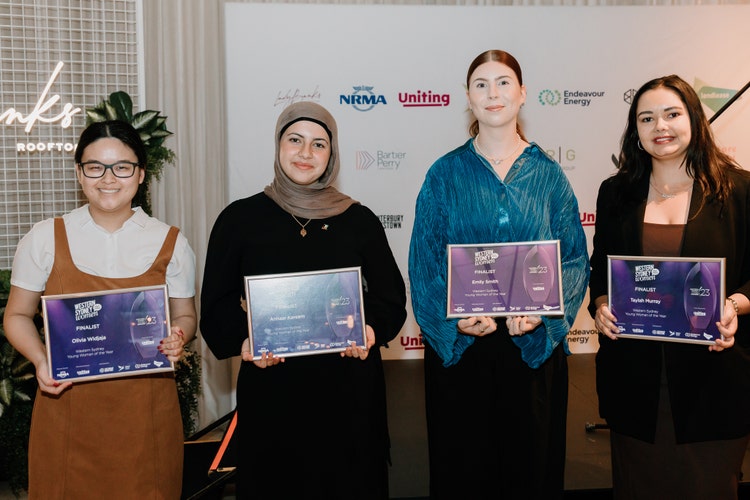 Nominees for the 2023 ‘Western Sydney Young Woman of the Year’ award at the Finalist Cocktail Networking Event. From left to right: Olivia Widjaja, Anhaar Kareem, Emily Smith and Taylah Murray.